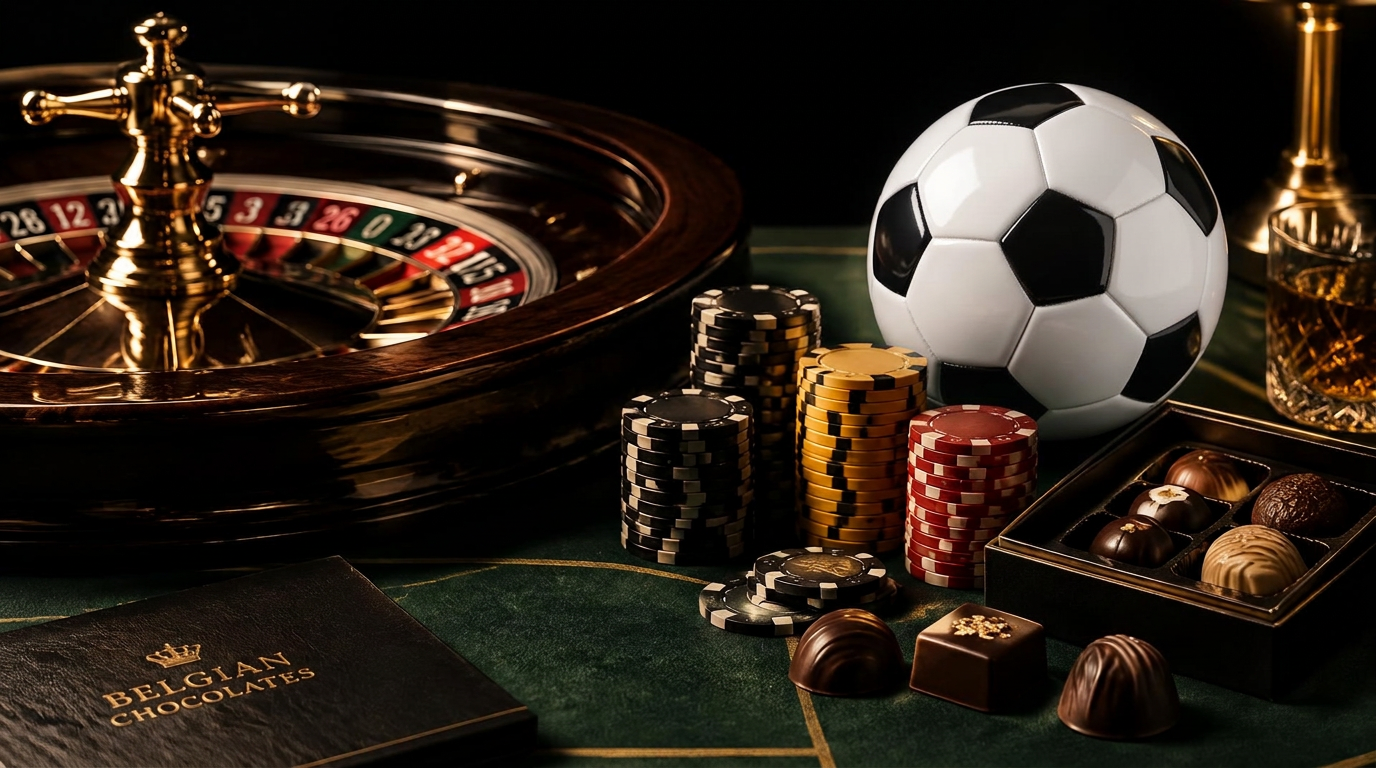 Casino-Tisch mit Roulette, Chips, belgischer Schokolade und Fußball