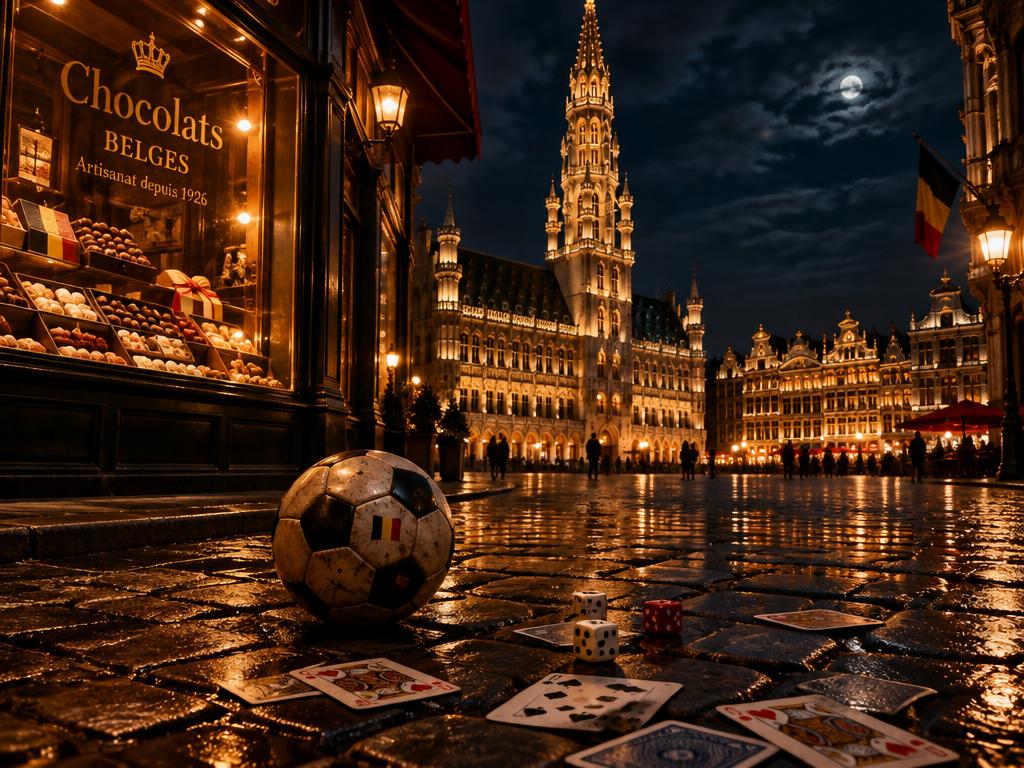 Grand Place Brüssel bei Nacht mit Schokoladengeschäft und Fußball