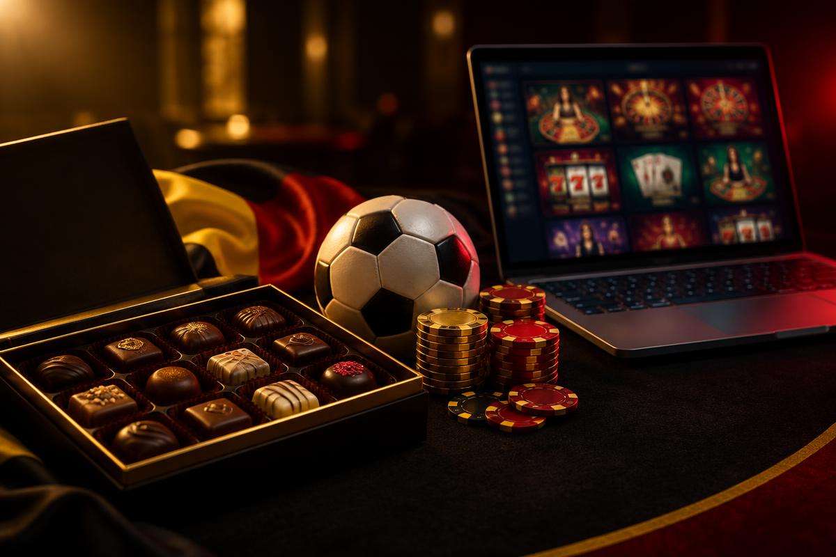 Laptop mit Online-Casino-Übersicht, belgische Pralinen, Fußball und goldene Casino-Chips